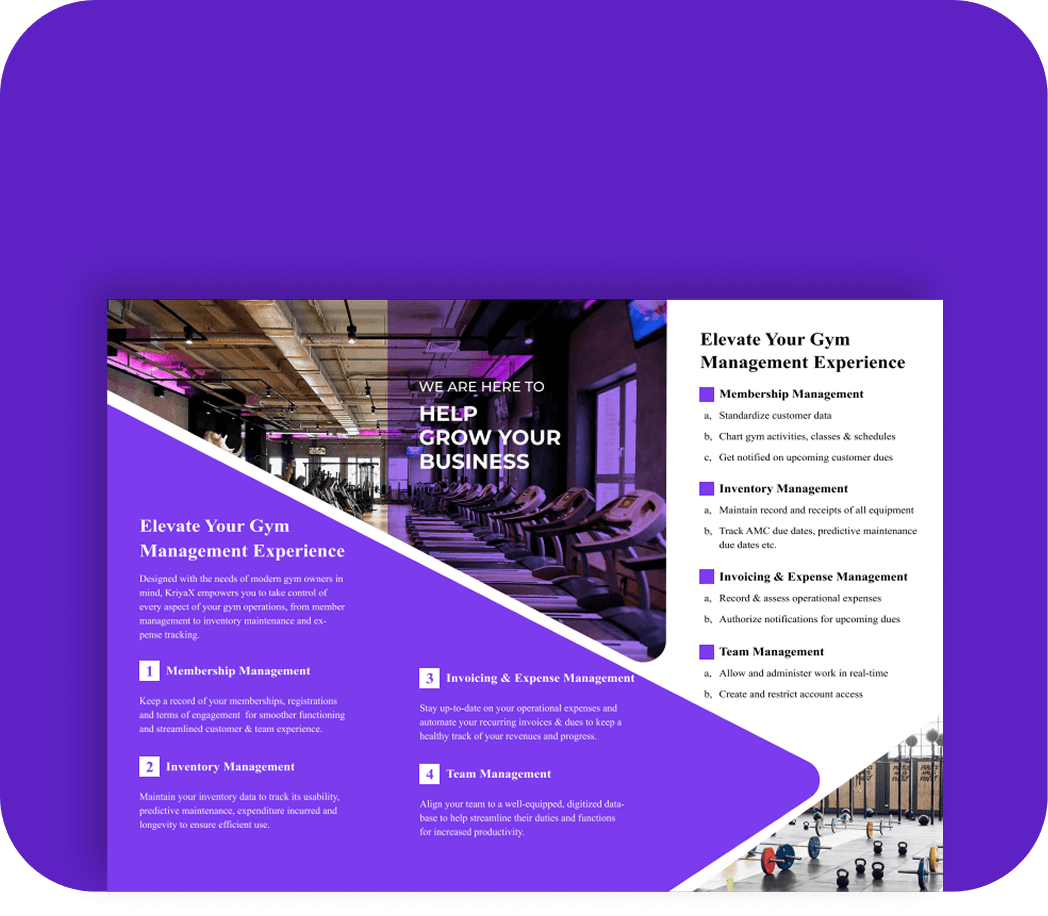 KriyaX gym management brochure spread